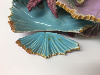 Lot 412 - Two Majolica table centrepieces, two 19th century transfer printed desert dishes, Chinese dish and other ceramics