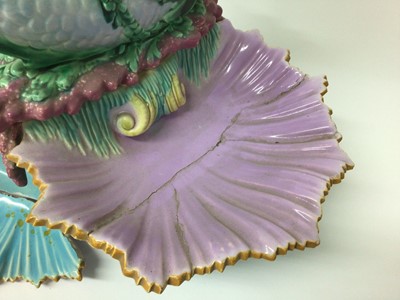 Lot 412 - Two Majolica table centrepieces, two 19th century transfer printed desert dishes, Chinese dish and other ceramics