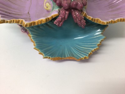 Lot 412 - Two Majolica table centrepieces, two 19th century transfer printed desert dishes, Chinese dish and other ceramics