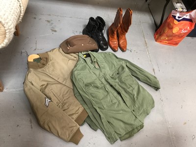 Lot 417 - Pair of brown leather cowboy boots, military boots, slouch hat and American military jackets