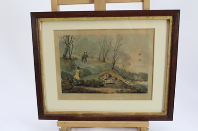 Lot 970 - Henry Alken, set of four mid 19th century hand coloured engravings - shooting scenes, 22.5cm x 29.5cm, in glazed gilt and oak frames