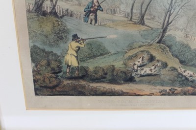 Lot 970 - Henry Alken, set of four mid 19th century hand coloured engravings - shooting scenes, 22.5cm x 29.5cm, in glazed gilt and oak frames