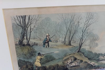 Lot 970 - Henry Alken, set of four mid 19th century hand coloured engravings - shooting scenes, 22.5cm x 29.5cm, in glazed gilt and oak frames