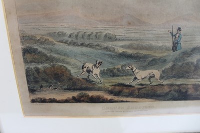 Lot 970 - Henry Alken, set of four mid 19th century hand coloured engravings - shooting scenes, 22.5cm x 29.5cm, in glazed gilt and oak frames