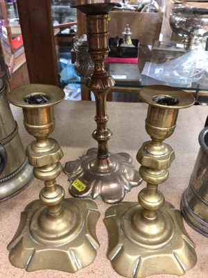 Lot 424 - 18th century Queen Anne style brass candlestick etc