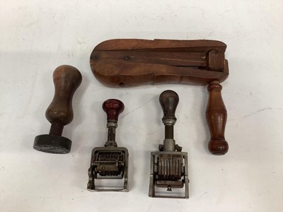 Lot 2445 - Old wooden rattle, possibly Policeman's, with a book slide, blotter, other desk items