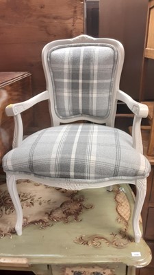 Lot 1192 - Contemporary French style open elbow chair with patterned grey upholstery on cabriole front legs