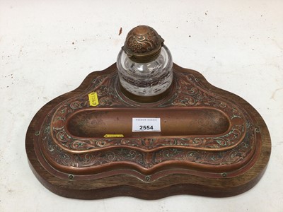 Lot 2554 - Art nouveau copper inkstand on wooden base