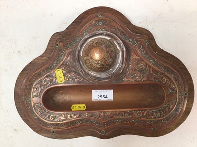 Lot 2554 - Art nouveau copper inkstand on wooden base