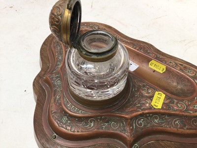 Lot 2554 - Art nouveau copper inkstand on wooden base