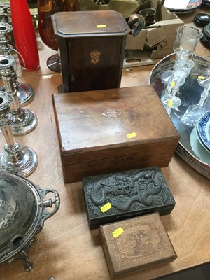 Lot 435 - Cigarette box with dragon decoration, a Sorrento Ware musical box, table top cabinet and writing slope