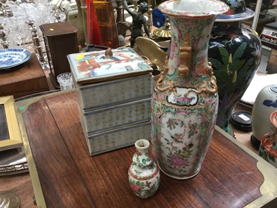 Lot 438 - Chinese porcelain stacking food tower, Cantonese vase and similar miniature vase (3)