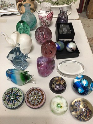 Lot 318 - Group of glass paperweights and three posy vases including Caithness and two millefiori paperweights