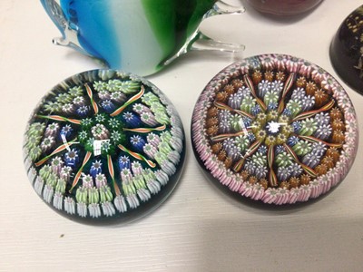 Lot 318 - Group of glass paperweights and three posy vases including Caithness and two millefiori paperweights