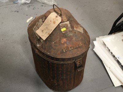 Lot 443 - 19th century Japanned Military helmet tin with initials to front.