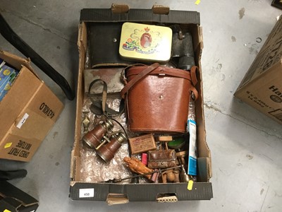 Lot 450 - One box containing vintage tins, opera glasses, binoculars and sundries.