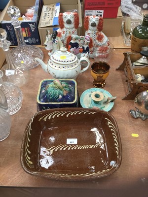 Lot 461 - Majolica sardine dish, Staffordshire figures, slip decorated dish, glass rummers and other items.