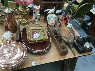 Lot 466 - Large group of various items to include silver plated entree dishes, oil lamp, character jugs, telephone and other items.