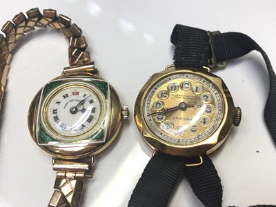 Lot 18 - Two antique 18ct gold cased ladies wristwatches, Labrador silver cased Swiss fob watch on leather watch chain and Waltham gold plated half hunter pocket watch (4)
