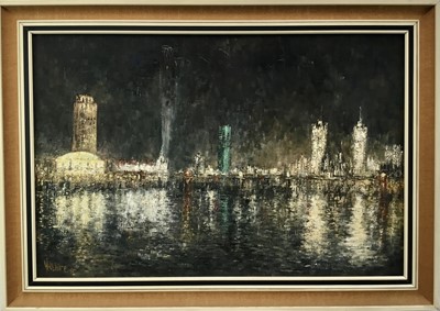 Lot 134 - John Wiltshire, oil on canvas - ‘The Thames at Night’, signed, 90cm x 60cm