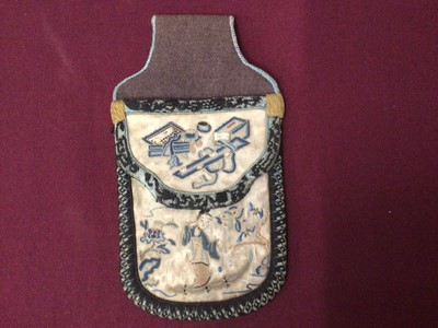 Lot 2072 - Chinese silk purse, finely embroidered in forbidden stitch and white metal mesh purse