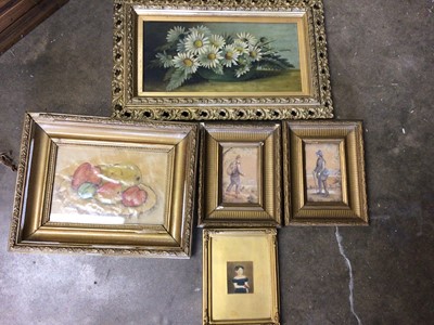 Lot 195 - Group of pictures, including a naive portrait miniature, a pair of 19th century watercolours, and two still lives (5)