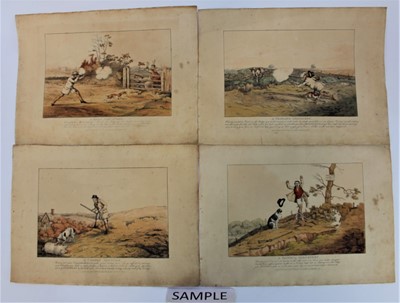 Lot 972 - Henry Alken - a set of seven hand coloured plates of sporting discoveries or the miseries of shooting, published Feb. 1st 1816 by S&J Fuller, London