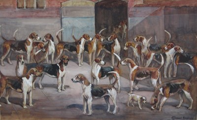 Lot 965 - Cuthbert Bradley watercolour and gouache - hounds in kennels, signed, in glazed frame