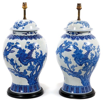 Lot 760 - Good large pair of Chinese blue and white baluster table lamps