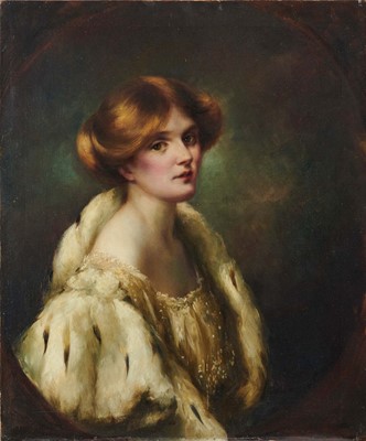 Lot 1055 - English School, early 20th century, oil on canvas - portrait of a lady in ermine, 76cm x 64cm, unframed