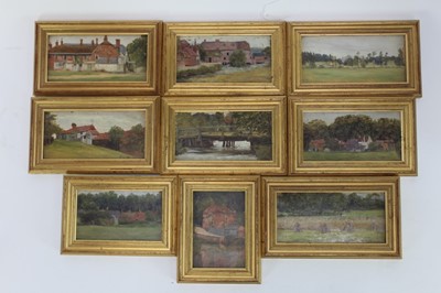 Lot 1209 - English School, circa 1870s, group of nine oil sketches on panel, landscapes and country houses, inscribed and dated, averaging 8cm x 17cm, in gilt frames