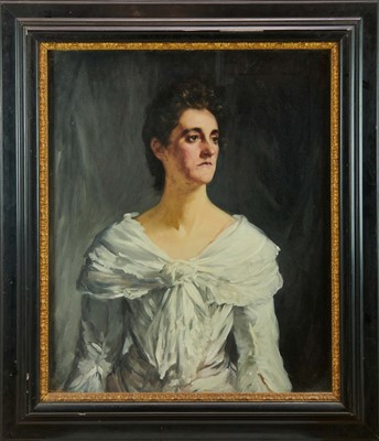 Lot 1052 - Francis Edgar Dodd RA, RWS (British 1874-1949) oil on canvas - Portrait of a lady, half length, in a white dress signed and dated 1902, 76 x 64cm, in glazed ebonised frame