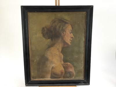 Lot 202 - Early 20th century oil on canvas laid on board - female nude study, indistinctly signed and dated, 45cm x 36cm, framed