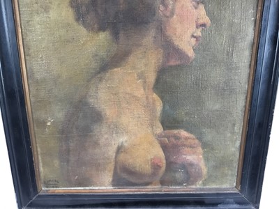 Lot 202 - Early 20th century oil on canvas laid on board - female nude study, indistinctly signed and dated, 45cm x 36cm, framed
