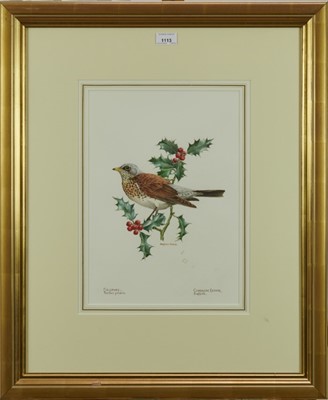 Lot 1113 - Benjamin Perkins (b.1932) watercolour - Fieldfare, Chadacre Estate, Suffolk, signed and inscribed, 39cm x 28cm, in glazed gilt frame