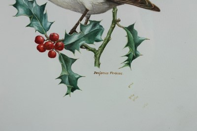 Lot 1113 - Benjamin Perkins (b.1932) watercolour - Fieldfare, Chadacre Estate, Suffolk, signed and inscribed, 39cm x 28cm, in glazed gilt frame