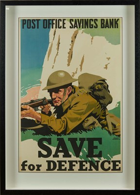 Lot 1110 - Second World War period Post Office Savings Bank poster by Frank Newbould (1887-1951), 'Save for Defence', 74.5cm x 50cm, in glazed frame