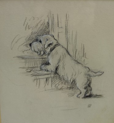 Lot 978 - *Lucy Dawson (1867-1954) three pastel and pencil studies of terriers, two initialled, together with a dry point etching by Morgan Dennis, each in glazed frame (4)