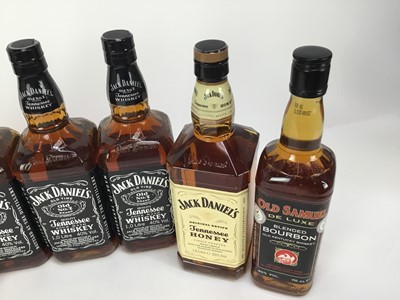 Lot 69 - Seven bottles, Jack Daniel's Tennessee Whiskey (3), Jack Daniel's Tennessee Honey (2), Old Samuel Blended Bourbon and Billy's Bourbon
