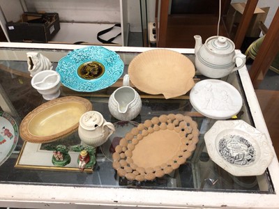 Lot 269 - Group of mostly 19th century ceramics, including two pearlware figures, two Wedgwood cane ware dishes, Dudson teapot, etc