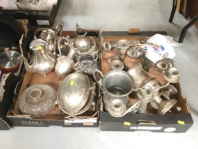 Lot 473 - Two boxes of silver plated ware to include a revolving breakfast dish, coffee pot and other items