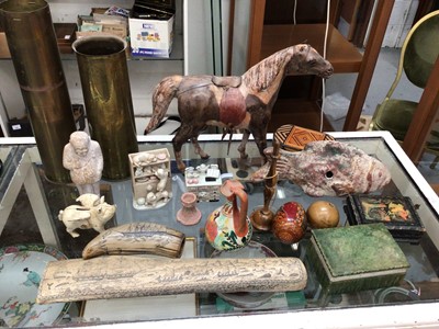 Lot 270 - Sundry items, including a leather model of a horse, resin scrimshaws, terracotta fish, brass shells, etc