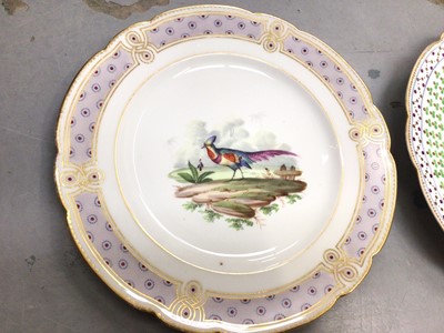 Lot 361 - Pair of Royal Copenhagen plates painting with flowers and two 19th century cabinet plates, one painted with an exotic bird (4)