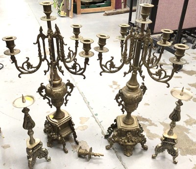 Lot 344 - Pair brass candelabrum, one other pair candlesticks and plated cutlery