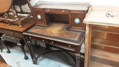 Lot 1210 - Georgian style mahogany writing desk, with drawer and two cupboards above, leather lined top and two drawers below on fluted turned legs, 89cm wide, 52.5cm deep, 106.5cm high