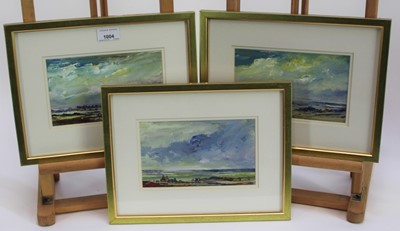 Lot 1004 - *Tom Keating (1917-1984) three oils on board - Extensive Landscapes, signed, 12cm x 20cm, each in glazed gilt frame