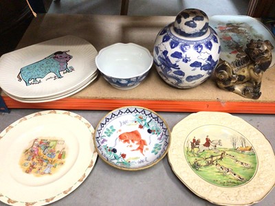 Lot 363 - Japanese blue and white ginger jar, Japanese dish with fish decoration, other ceramics, soapstone dog of fo carving and four picture frames