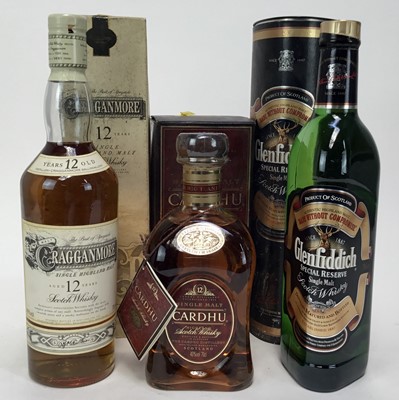 Lot 85 - Whisky - three bottles, Cragganmore 12 year old single malt, Cardu 12 year old single malt and Glenfiddich, each boxed