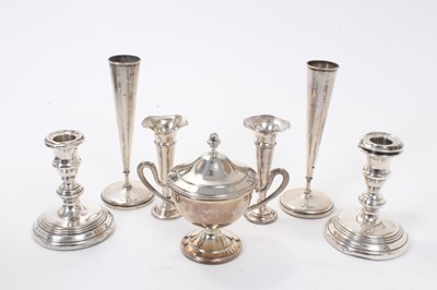 Lot 237 - Pair of Contemporary silver candlesticks, (Birmingham 1966), together with a continental silver two handled cup and cover marked 800
