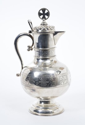 Lot 239 - 19th century plated rose water ewer of baluster form, with central band of engraved decoration and hinged cover with cross finial and another similar, 20 and 17cm in height (2)